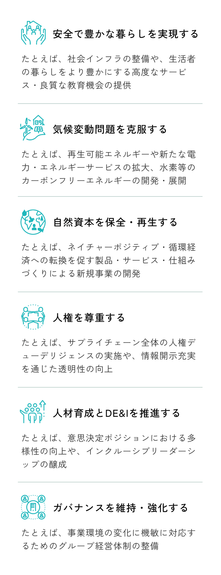 安全で豊かな暮らしを実現する／気候変動問題を克服する／自然資本を保全・再生する／人権を尊重する／人材育成とDE&Iを推進する／ガバナンスを維持・強化する